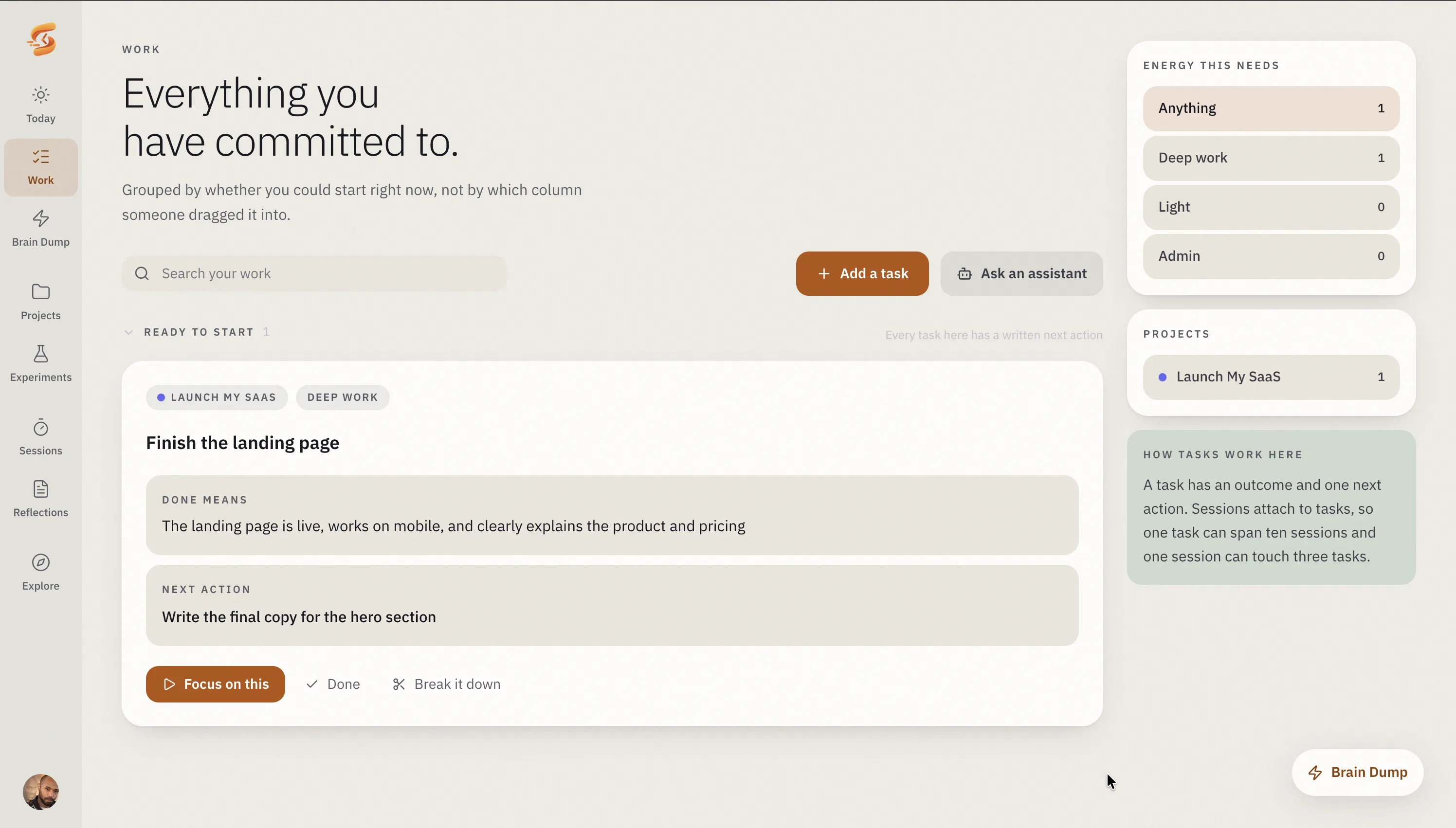 StayFocus tasks page with work organized into clear next actions.